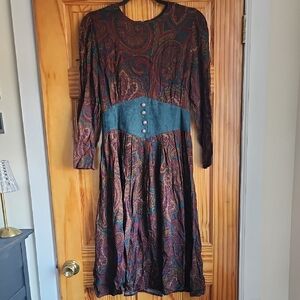 Jessica Howard Paisley Long Sleeve Dress with Teal Accent